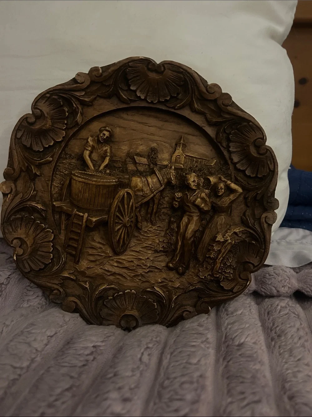 Vintage Carved Wood Wall Plaque | Ornate Farm & Harvest Scene | European Style